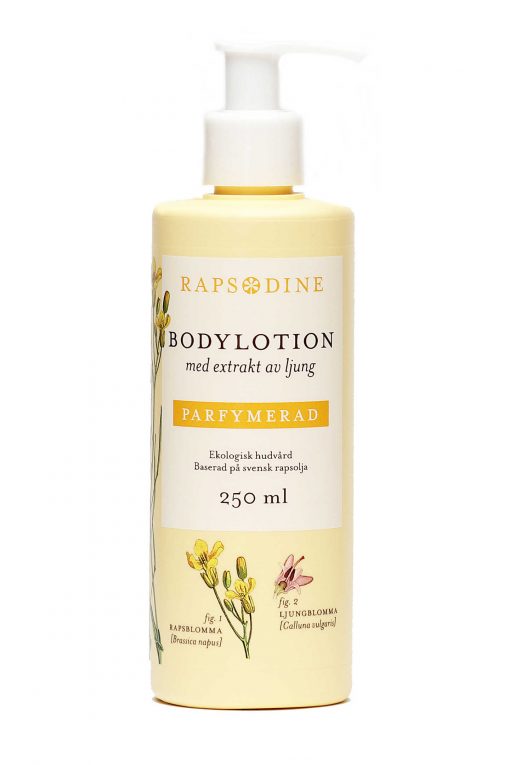 250 ml Bodylotion i ljusgul förpackning. Cylinderformad med vitt lock. Parfymerad. Rapsblommor i gul färg och lila ljungblomma målade. Rapsodine i gul text överst på förpackning.