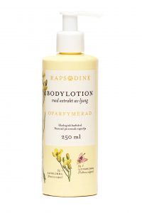 250 ml Bodylotion i ljusgul förpackning. Cylinderformad med vitt lock. Oparfymerad. Rapsblommor i gul färg och lila ljungblomma målade. Rapsodine i gul text överst på förpackning.