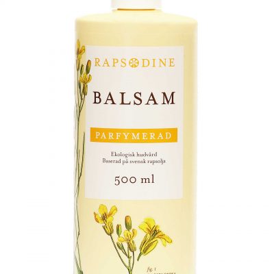 500 ml Balsam i ljusgul förpackning. Cylinderformad med vitt lock. Parfymerad. Rapsblommor i gul färg målade. Rapsodine i gul text överst på förpackning.