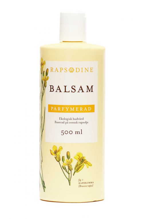 500 ml Balsam i ljusgul förpackning. Cylinderformad med vitt lock. Parfymerad. Rapsblommor i gul färg målade. Rapsodine i gul text överst på förpackning.