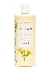 500 ml Balsam i ljusgul förpackning. Cylinderformad med vitt lock. Oparfymerad. Rapsblommor i gul färg målade. Rapsodine i gul text överst på förpackning.