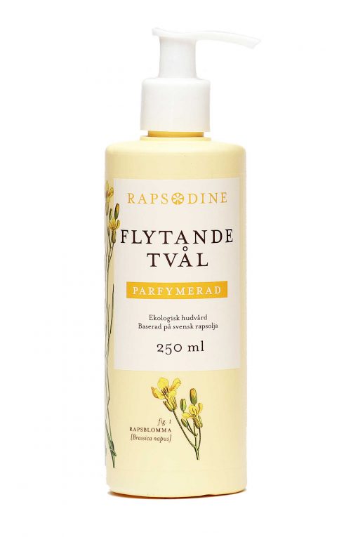 250 ml Flytande tvål utan pump i ljusgul förpackning. Cylinderformad med vitt lock. Parfymerad. Rapsblommor i gul färg målade. Rapsodine i gul text överst på förpackning.